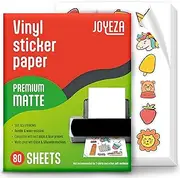 JOYEZA Premium Printable Vinyl Sticker Paper for Inkjet Printer - 80 Sheets Matte White Waterproof, Dries Quickly Vivid Colors, Holds Ink well- Tear Resistant - Inkjet & Laser Printer