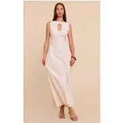 Almond Linen Look Textured Button Detail Sleeveless Maxi Dress, Almond