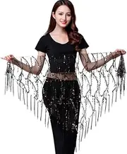 [Mr.Fashion] Halloween belly dance waist chain sequin fringe triangle scarf dance performance Hip towel beginner waist wrap, Black, One Size Plus Long