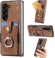 Compatible with Samsung Galaxy Z Fold5 Magnetic Bracket Case,Compatible with Samsung Galaxy Z Fold5 5G SM-F946 (PC+TPU+PU) 3 in 1 Card Slots Kickstand Phone Cover Brown