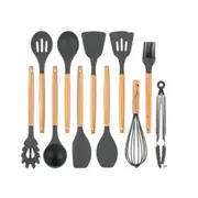 1Set Silicone Cooking Utensil Set Wooden Handle Spatula Soup Spoon Brush Ladle Pasta Colander Non-Stick Cookware Kitchen Tools