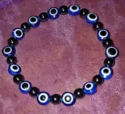 Hematite 6mm beads stretchy bracelet & Evil Eye Protection Accents, Supercharged