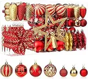 SHareconn 106pcs Christmas Balls Ornaments Set, Shatterproof Plastic Decorative Baubles for Xmas Tree Decor Holiday Wedding Party Decoration with Hooks Included, Red & Gold