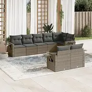 8 Piece Garden Sofa Set, Grey Poly Rattan Outdoor Furniture, Patio Conversation Set with Cushions, Chairs for Garden, Balcony, Table, Outside, Porch