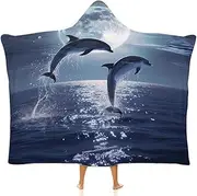 [Ausinbed] Dolphin Wearable Cloak Hooded Blanket Fleece Hooded Robe Cloak Arctic Velvet Warm Throw Quilt Poncho Soft Nap Blanket Novelty Blanket Air Conditioning Blanket,60"x80"