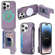 For iPhone 15 Pro PU Leather Coated TPU Cover Zipper Wallet Smartphone Case Compatible with MagSafe