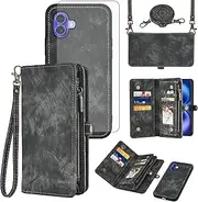 Asuwish Mobile Phone Case for iPhone 16 Case with Strap Film Screen Protector Card Slot Foldable Leather Flowers Wallet Stand i Phone16 16 Case Mobile Phone Cases Protective Zip Cover Phone Case Blue