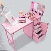 PP-Kic Folding Manicure Table, Rolling Manicure Table Makeup Train Case, Portable Manicure Table, Manicure Tech Travel Case, for Manicure Tech,Pink