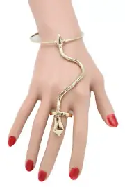 Women Cuff Bracelet Gold Metal Hand Chain Sexy Fashion Jewelry Snake Ring Size 8