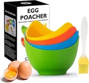 KRGMNHR Egg Poacher - Silicone Poaching Cups With Ringed Base, BPA Free, for Microwave or Stovetop Cooking, Extra Brush, 4 Pack