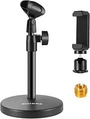 BILIONE 3 in 1 Multi-Function Desktop Microphone Stand, Adjustable Table Mic Stand with Microphone Clip, Cell Phone Clip, 5/8" Male to 3/8" Female Metal Adapter