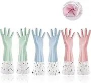 Reusable Kitchen Gloves Waterproof Household Use Cleaning Gloves,Long Sleeves, Thickened Dishwashing Gloves,3 Pairs Rubber Gloves