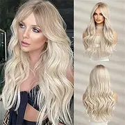 Barbiecore Movie Wigs Long Blonde Wigs with Bangs for WomenSynthetic Wavy Hair Wig with Dark Roots
