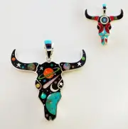 Genuine Turquoise Galaxy Comet Multicolor Inlay .925 Silver Buffalo Head Pendant