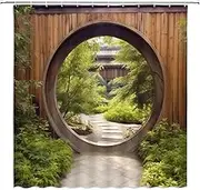 Japanese Shower Curtain Wooden Wall Gate Garden Outside Courtyard Green Plant Rustic Doorway Circle Park Natural Scenery Bathroom Decor Fabric Curtains with Hooks