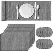 17Pcs Light Grey Placemats Table Mats Set, 8 Placemats, 8 Coasters,1 Long Table Mat Washable Heat Anti Slip Resistant Table Place Mats and Coaster Sets for Home,Restaurant,Outdoor Dining
