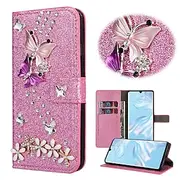 Phone Case For Samsung Galaxy S24 S23 S22 S21 S20 Ultra Plus FE A72 A32 A52 S10 S9 S8 S7 Plus Edge Wallet Case with Stand Holder Flip Rhinestone Heart Glitter