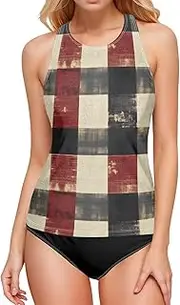 [AIXIWAWA] Red Black Checkered Women's Tankini Tops, Swimsuit Top for Beach Pool Vacation S