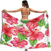 [RPLIFE] Red Hibiscus Flowers White Bathing Suit Wraps Sarongs Tassel Printed Sarongs Beach, Large, Red Hibiscus Flowers White, Medium