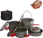Outdoor Camping Tableware Set, 5 Pieces Camping Gavette Set Foldable, Contains 4 Pots of Different Sizes, 1.1L Kettle, Aluminum Alloy Insulation and Anti-scalding, Foldable Handle for Outdoor Use