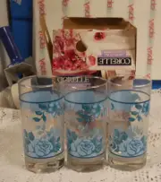 NIB CORELLE IMPRESSIONS BY CORNING BLUE VELVET ROSE (3) 16 OZ. DRINKING GLASSES