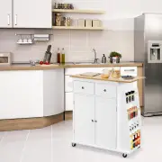CostwayKitchen Island with Rubber Wood Countertop and Adjustable Shelf-White
