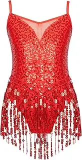 [Jugaoge] Kids Girls Sparkly Sequins Tassel Latin Dance Dress Leotard Modern Jazz Ballroom Costume Dancewear