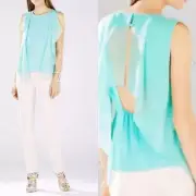 NEW BCBG MAXAZRIA IVORIE LIGHT AQUA RUFFLE KAFTAN FLUTTER OPEN BACK TOP SZ L