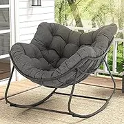 GREEN MORE Patio Rocking Chair Oversized Indoor & Outdoor, Egg Rocking Chair Lounge with Padded Cushion and Metal Frame for Front Porch Patio Backyard