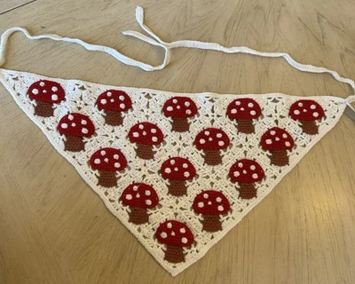 Cottagecore Crochet Mushroom Hair Bandana Knit Boho Red Shrooms NWT Cute!!