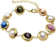 SKYLL 15mm Multi Color Faceted Cat Eye White Keshi Pearl Bracelet 8" Handmade for Women