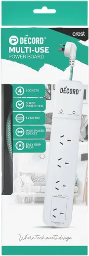 Crest Decord Power Board 4 Socket Surge Protected 1.2m