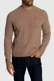 MENS XXL BROOKS BROTHERS CREW NECK LAMBS WOOL CABLE KNIT SWEATER, BROWN