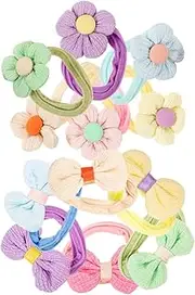 HAMPPLIES Elastic Hair Ropes Set 12 Pack Floral Bow Hair Ties for Girls Ponytail Holders for Boys and Girls