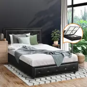 Oikiture Bed Frame King Single Size Gas Lift Black Leather