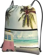 EdWal Bus Beach Seaside Scene Print Drawstring Backpack Gym Bags Sports Bags With Zipper Pocket For Travel Beach, Black, One Size
