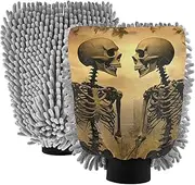 XYMZR Two Skeletons Gothic Brown Absorbent Microfiber Car Wash Mitt, Funny Cute Anime Scratch Free for Cars Cleaning, Home Cleaning Mitts, 2 Pack, 10.24” L x 7.09” W