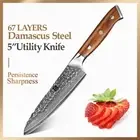 Full Tang Utility Knife 67 Layers Damascus Steel Wood Handle Hammered Slicing 5"