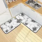 Kitchen Mats for Floor, 2 Piece, Abstract Flower White Funny Cute Washable Non-Slip Kitchen Rugs Set for Home & Office, Sink, Laundry, 19.7” x 27.6” + 19.7” + 47.2”