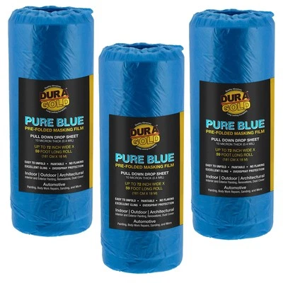 72" x 59' Pure Blue Pre-Taped Masking Film, (3 Pack) Painters Plastic Roll (0...