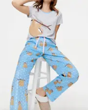 NEW PETER ALEXANDER HANGING SLOTH TEE TOP + PANTS PJ SET GREY BLUE M RRP$129.90