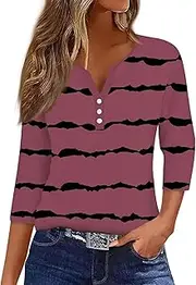 [Valtorixia] 3/4 Length Sleeve Women Henley V Neck Tops Casual Length Button Down Shirt Floral Print Blouses Plus Size Trendy Comfy Tees (Color-b-4,Medium)
