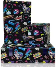 80s 90s Wrapping Paper for Boy Girl Kids, Hip-Hop Graffiti Electronic Music Birthday Wrapping Paper, 4 Sheets Folded Flat 28x20 inch Gift Paper for 90s 80s Neon Retro Birthday Party Black Light Party
