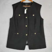 Talbots Vest Top Women's 12 Black Textured Gold Button Front Classic Career NWT