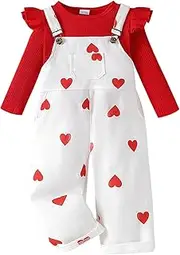 [Noubeau] Toddler Baby Girl Valentine's Day Clothes Ruffled Sleeves Top Heart Bell Bottoms Flared Overalls Suspender Pants Set
