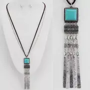 20" Adjustable Leather and Silver Tone Necklace w Turquoise Square Design