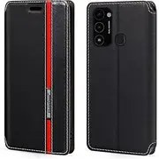 [Shantime] Classic Stripes Faux Leather Flip Case Compatible with Tecno Spark 8C, Invisible Magnetic Cover with Card Slot, Contrast Color Design(Black)