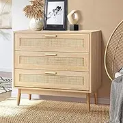 Oikiture Chest of Drawers 80cm Wide Tallboy with 3 Rattan Drawers