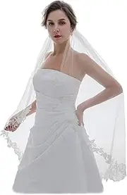 [SAMKY] 1T 1 Tier Embroided Floral Crystal Beaded Lace Edge Veil