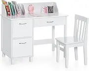 HONEY JOY Kids Desk and Chair Set, Table Chair Set for Children Aged 3-8 Years w/Stand-up Organiser, Drawer, 2 Storage Cabinets, Kids Writing Learning Desk Workstation for Bedroom Study Room (White)
